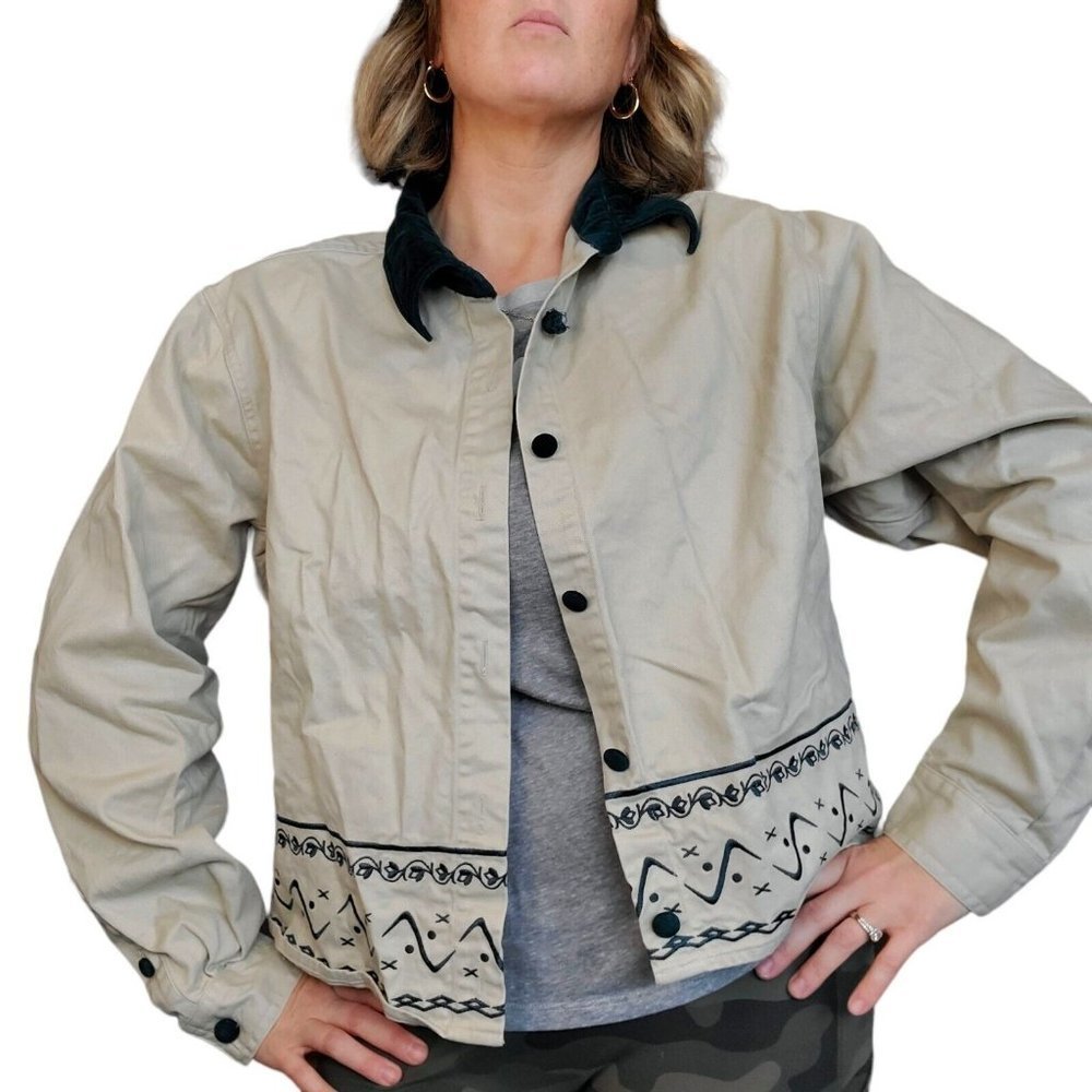 90s Large Khaki Green Embroidered Jacket Velvet Collar Aztec Southwest Neutral